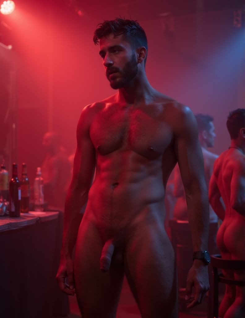 A naked man standing in a nightclub environment appears illuminated by red and blue lights, with a muscular torso, short beard, messy dark hair and a serious expression while looking to one side. His body is covered by shadows and neon reflections, leaving visible his chest, abdomen, legs and penis in a relaxed posture. In the background there are other naked or half-naked people, a bar with bottles and glasses, ambient smoke and disco lights that create an intimate, intense and sensual atmosphere, typical of a private party or nightclub.