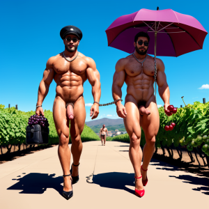 Dos hombres machos musculosos desnudos muy viriles con pene grande y testículos grandes y peludos. Caminando 10 ⛓️⛓️ 🍇 🍒 🌞 👠👠 👜💼 🧢🌂👓