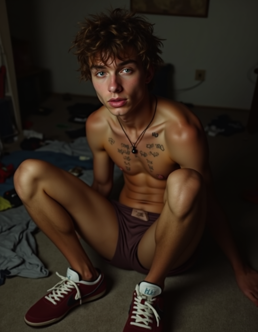 Young man with a slim, athletic appearance sitting on the floor of a messy room, with his legs bent and spread, looking directly at the camera with a serious and somewhat vulnerable expression. He is wearing brown shorts, burgundy sneakers with white laces, and a black necklace with a pendant, while his bare torso reveals defined abs, shoulders glistening in the dim light, and several small tattoos scattered across his chest. His brown, curly, messy hair frames very defined light-colored eyes. Around him there are clothes strewn over the carpet, a low bed or wrinkled blanket, and an intimate, dark, domestic atmosphere, with soft lighting that focuses attention on his posture, his face, and the youthful, urban aesthetic of the scene.