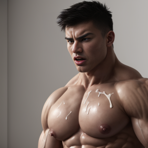 Muscular shirtless man, with a bare and very defined torso, fills the frame in a studio close-up against a neutral gray background. His shiny chest, defined pecs, abs, and bulky shoulders stand out under soft side lighting, while several drops and splashes of thick white liquid fall onto the skin, concentrated on the upper chest and near the nipples. He has short, messy black hair, a defined jaw, and an intense expression, with a furrowed brow and his mouth half-open, as if he were surprised, aroused, or tense. The composition emphasizes the fitness aesthetic, the athletic body, the wet skin, and the sensual character of the pose.