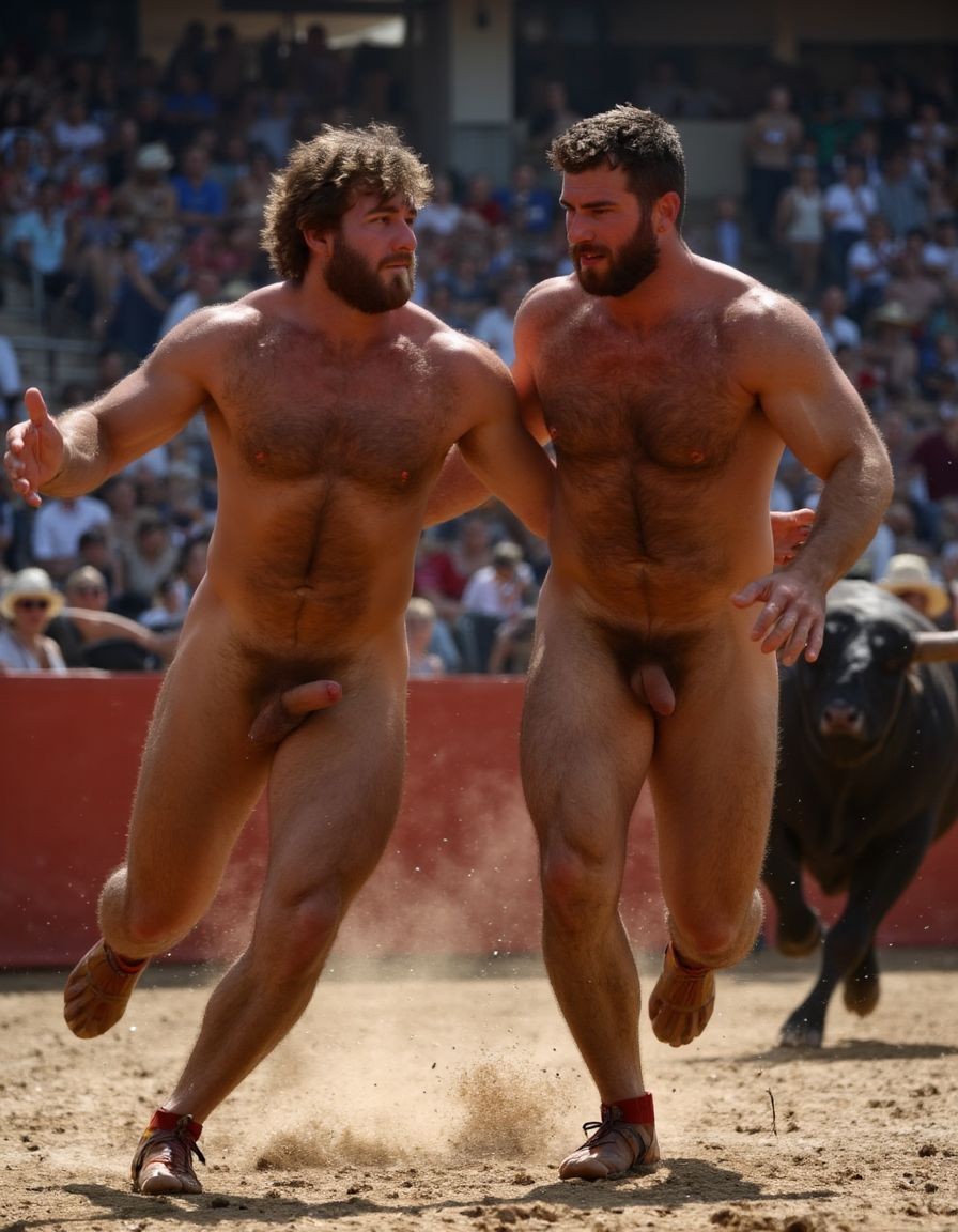 Un torero español musculoso y velludo de 50 años, con torso atlético y marcado, se muestra completamente desnudo, destacando su pene de 30 cm de longitud y 5 cm de grosor, perfectamente formado y rodeado de un denso vello púbico castaño oscuro. Sus testículos, perfectamente formados, cuelgan de forma prominente. La piel bronceada y sudorosa resalta su musculatura definida, con pectorales y abdominales bien marcados y sin grasa. El cabello largo y castaño oscuro está despeinado y sudoroso, con gotas de sudor resbalando por su frente y mejillas. Una barba incipiente y un vello corporal denso que se extiende por su pecho, piernas y brazos completan su apariencia viril. Lleva sandalias marrones en sus pies.

A su lado, un hombre musculoso y velludo de 30 años, completamente desnudo, muestra un pene erecto de 30 cm de longitud y 4 cm de grosor, hermoso y perfecto, rodeado de un denso vello púbico pelirrojo. Su piel bronceada y sudorosa muestra una musculatura definida, con pectorales y abdominales muy marcados. Tiene cabello pelirrojo despeinado y sudoroso. Tiene una barba pelirroja densa pero bien recortada. El vello corporal pelirrojo denso cubre su pecho, y tiene mucho vello pelirrojo en sus piernas y brazos, lo que realza su apariencia masculina y atlética. Están corriendo en la plaza de toros con un toro

Ambos hombres se encuentran en una plaza de toros, con sombras que resaltan su musculatura y vello corporal, creando un ambiente sensual y cargado de tensión. Están en pleno acto de pasión, con sus penes erectos y testículos prominentes ,destacando su musculatura, vello corporal y atributos viriles en una imagen impactante y llena de energía. La escena está llena de sensualidad y poder, con los dos hombres como protagonistas, en un ambiente cargado de pasión y erotismo. La imagen es híper realista, con detalles de alta calidad, y muestra la unión de los dos hombres en un acto de pasión y dominio, con sus cuerpos musculosos y velludos completamente desnudos y visibles, mostrando su excitación y pasión en cada detalle. Tienen sus penes erectos, desde la uretra del glande del pene eyaculan semen blanco lanzado en abundancia. Están totalmente desnudos. Tiene un pene de 30 cm de longitud y 5 cm de diámetro.