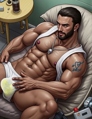 Dibujo, hombre hipermasculino extremadamente musculoso, tumbado en sofá, es moreno,, con cabello lacio algo largo, barba, muestra un calzoncillo sucio, grandes pezones, tatuajes cutres de presidiario, piercings... lleva una camiseta subida enseñando el pecho. 