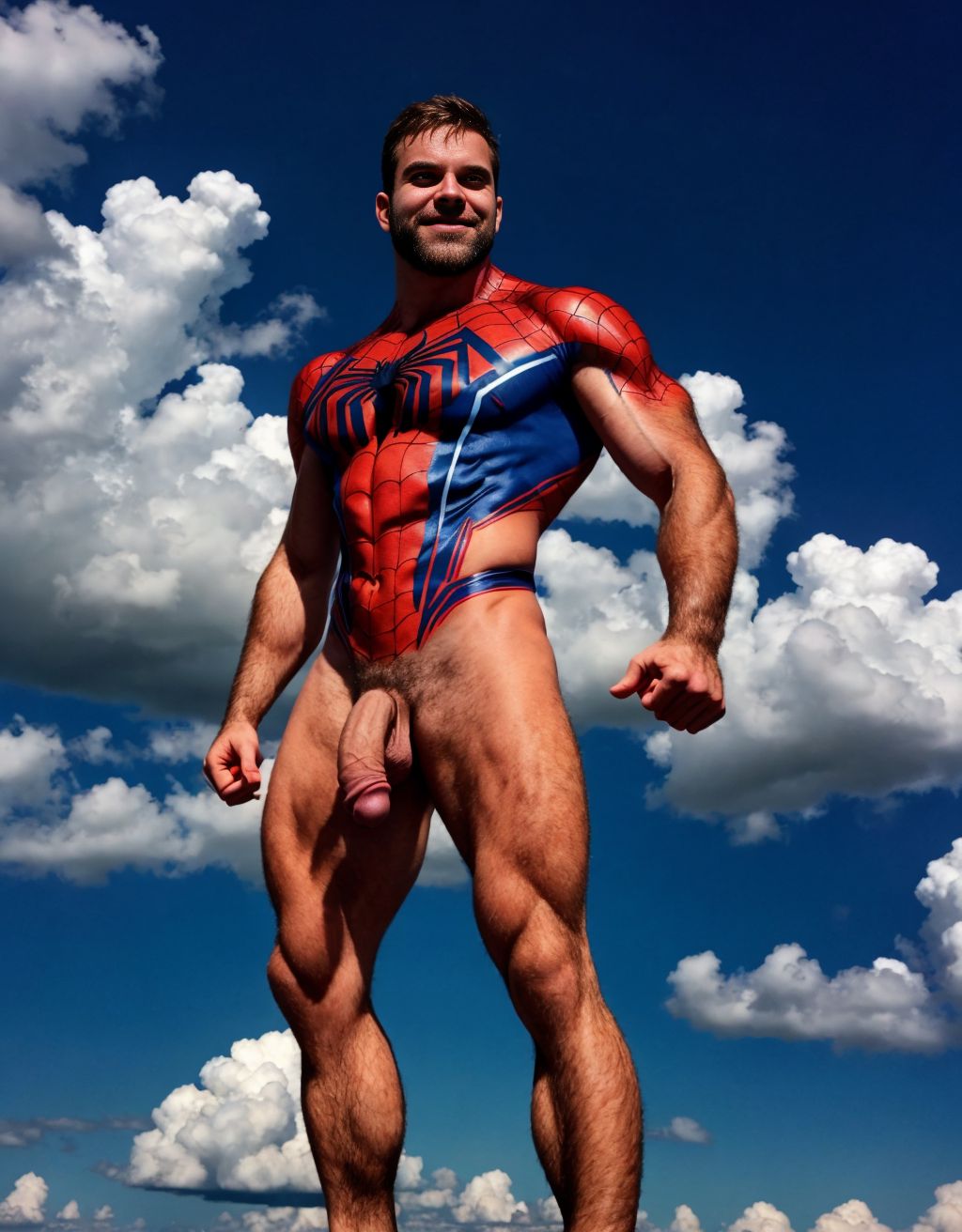 Spiderman velludo musculoso totalmente desnudo volando sobre una nube en cielo azul. Tiene el pene grande. Tiene los huevos grandes y peludos. Volando.