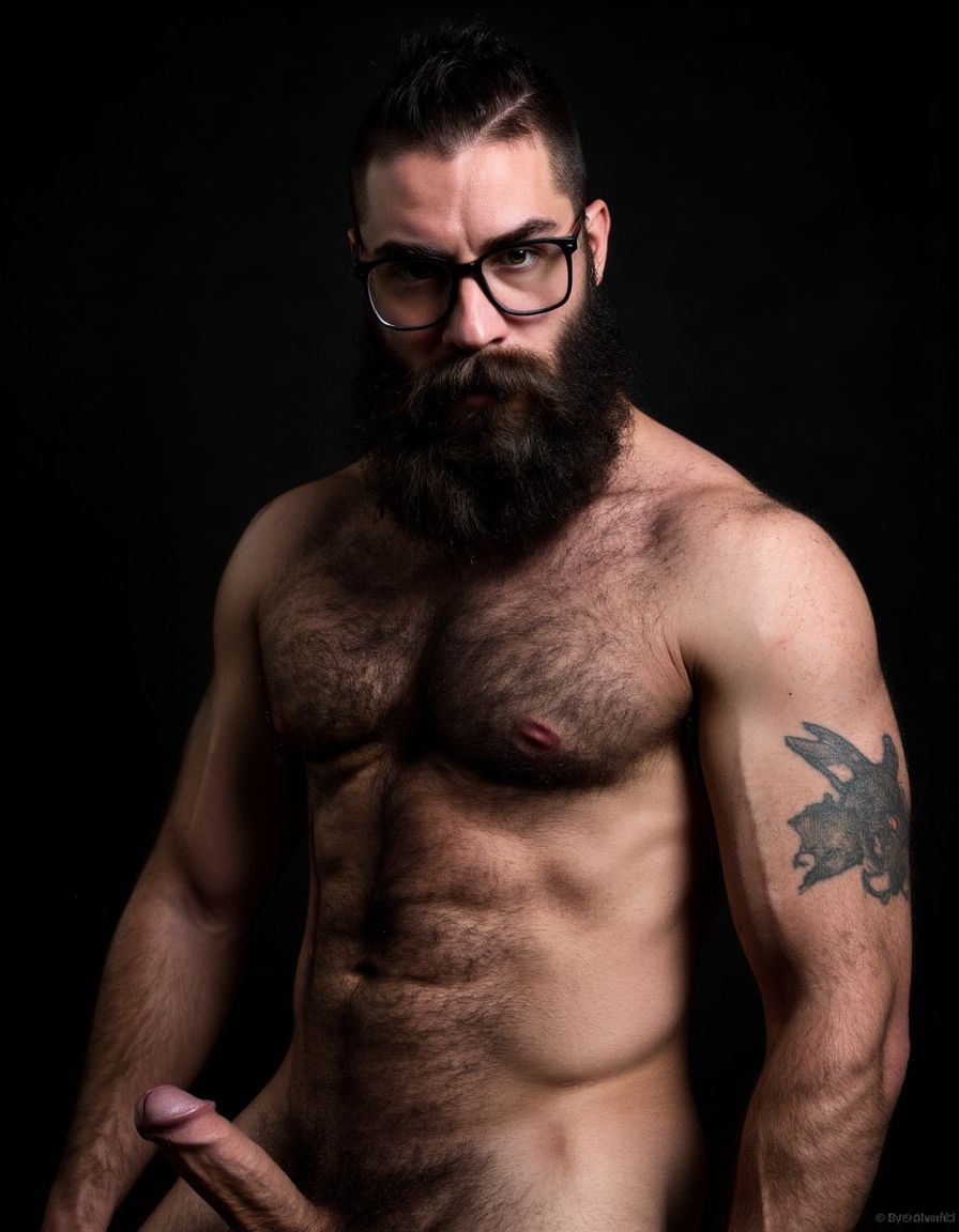 Fotografía hiperrealista de un hombre adulto musculoso de las rodillas para arriba hasta la cabeza, rostro masculino idéntico a la imagen de referencia totalmente desnudo con polla erecta de treinta centímetros de longitud y ocho centímetros de diámetro, tiene rasgos marcados duros expresivos, barba densa poblada tupida oscura estilo hipster cubriendo completamente mandíbula mentón mejillas con grosor uniforme textura abundante muy definida, bigote denso tupido oscuro conectado perfectamente con la barba completa cubriendo completamente el labio superior, pelo oscuro medio peinado completamente recto hacia arriba con volumen considerable estilo hipster moderno quiff puntas verticales texturizadas hacia el cielo con altura prominente, cejas gruesas oscuras pobladas muy marcadas definidas, gafas de montura completa negra cuadradas grandes estilo hipster moderno sobre el puente de la nariz enmarcando unos ojos oscuros intensos que miran directamente a cámara con expresión seria penetrante confiada, expresión facial seria masculina sin sonrisa con mirada directa desafiante, pómulos marcados definidos angulares, nariz recta proporcionada, labios medios apenas visibles completamente cubiertos por bigote denso que conecta con la barba hipster completa, torso desnudo muy musculoso con pectorales enormes desarrollados y definidos y velludos peludos, hombros anchos musculosos deltoide prominentes, brazos musculosos gruesos con bíceps y tríceps marcados visibles a ambos lados del cuerpo, abdomen tonificado marcado visible desde la cintura, piel con textura realista detallada poros imperfecciones sutiles, vello corporal denso oscuro abundante cubriendo pectorales abdomen brazos hombros con textura natural masculina muy visible, tatuaje en tinta negra en el bíceps del brazo derecho con la palabra exacta 