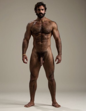 PEDRO de cuerpo entero 8K de hombre mediterráneo muy masculino y muy delgado pero con músculos marcados y definidos y está de pie, textura de piel natural híper realista, cara geométrica brutal con mandíbula cuadrada pesada, pómulos altos anchos, barbilla prominente con hoyuelo, ojos oscuros marrones profundos hundidos con cejas gruesas densas, nariz grande puente ancho recto forma griega, bigote morsa negro denso espeso cayendo en extremos cubriendo labio superior completamente, pelo negro rizado voluminoso desordenado, cuello grueso de toro con nuez prominente, pecho ancho cubierto vello negro rizado denso, pectorales voluminosos definidos con surco central profundo, cadena dorada colgando en surco pectoral, pezones oscuros marrón rojizo areolas anchas, abdominales six-pack marcados, vello corporal abundante formando trail oscuro vertical desde pecho hasta entrepierna, brazos musculosos gruesos con venas marcadas deltoides prominentes bíceps grandes tríceps herradura cubiertos vello negro, manos grandes dedos gruesos nudillos prominentes pelo dorso manos, piernas musculosas cuádriceps voluminosos muslos gruesos cubiertos vello negro denso rodillas huesudas pantorrillas gemelos forma diamante, pies grandes anchos pelo empeine, polla erecta treinta centímetros gruesa ocho centímetros diámetro color marrón oscuro curvada arriba venas dorsales marcadas prepucio largo glande ancho rojizo apuntando hacia arriba, huevos grandes colgando bajos escroto oscuro arrugado tamaño huevos gallina XL, piel aceitunada bronceada mediterránea, iluminación natural realista, fotorrealista, híper detallado, desnudo completo. Los pies están desnudos. Polla erecta dura hacia arriba. Las pantorrillas están a la vista y son muy peludas.