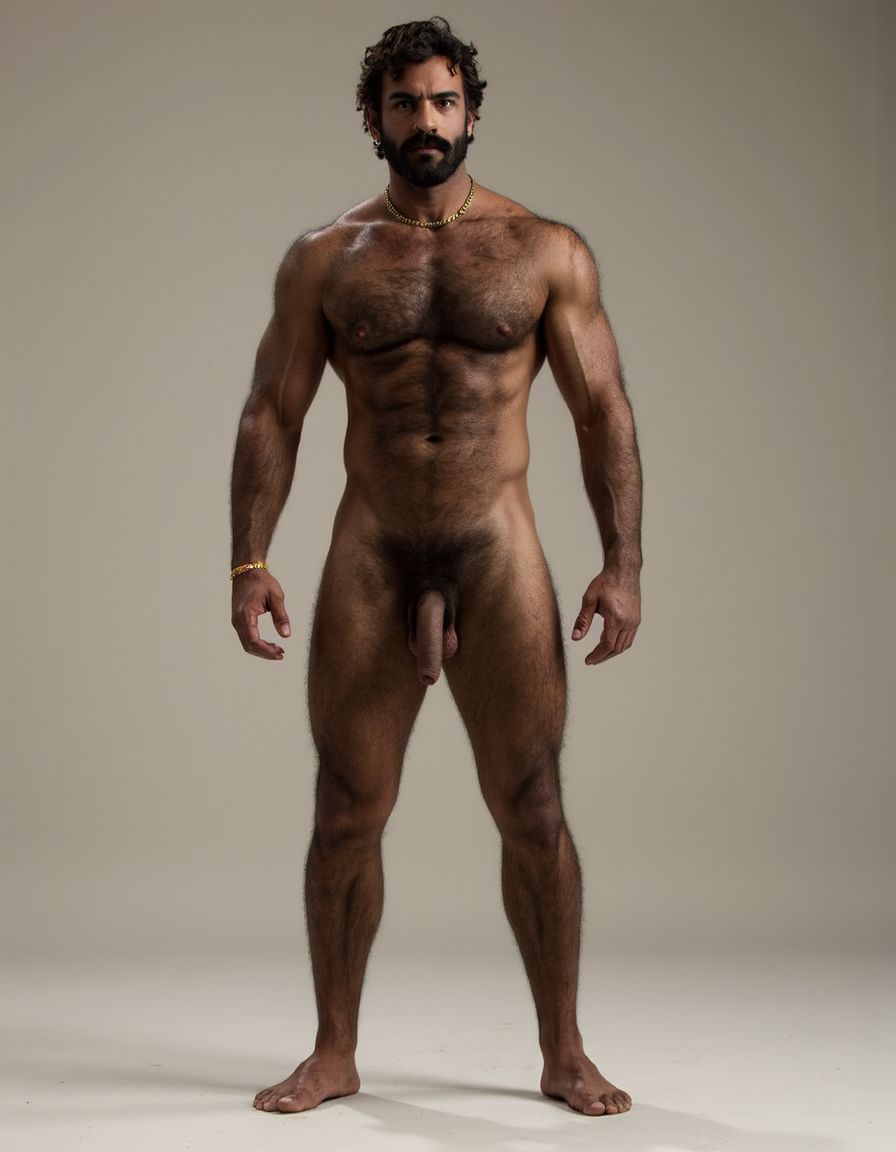 PEDRO de cuerpo entero 8K de hombre mediterráneo muy masculino y muy delgado pero con músculos marcados y definidos y está de pie, textura de piel natural híper realista, cara geométrica brutal con mandíbula cuadrada pesada, pómulos altos anchos, barbilla prominente con hoyuelo, ojos oscuros marrones profundos hundidos con cejas gruesas densas, nariz grande puente ancho recto forma griega, bigote morsa negro denso espeso cayendo en extremos cubriendo labio superior completamente, pelo negro rizado voluminoso desordenado, cuello grueso de toro con nuez prominente, pecho ancho cubierto vello negro rizado denso, pectorales voluminosos definidos con surco central profundo, cadena dorada colgando en surco pectoral, pezones oscuros marrón rojizo areolas anchas, abdominales six-pack marcados, vello corporal abundante formando trail oscuro vertical desde pecho hasta entrepierna, brazos musculosos gruesos con venas marcadas deltoides prominentes bíceps grandes tríceps herradura cubiertos vello negro, manos grandes dedos gruesos nudillos prominentes pelo dorso manos, piernas musculosas cuádriceps voluminosos muslos gruesos cubiertos vello negro denso rodillas huesudas pantorrillas gemelos forma diamante, pies grandes anchos pelo empeine, polla erecta treinta centímetros gruesa ocho centímetros diámetro color marrón oscuro curvada arriba venas dorsales marcadas prepucio largo glande ancho rojizo apuntando hacia arriba, huevos grandes colgando bajos escroto oscuro arrugado tamaño huevos gallina XL, piel aceitunada bronceada mediterránea, iluminación natural realista, fotorrealista, híper detallado, desnudo completo. Los pies están desnudos. Polla erecta dura hacia arriba. Las pantorrillas están a la vista y son muy peludas.