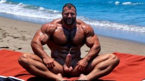 Fotografía ultra alta definición para imágenes 4K: hombre de 35 años de edad totalmente desnudo está acostado sobre una toalla roja en la playa, es delgado, músculos muy definidos y fibrosos y cuerpo delgado, totalmente desnudo con mucho vello por todo el cuerpo, se ven sus testículos hermosos y con mucho vello, cuerpo sudoroso y bronceado. Tiene un hermoso pene perfecto que está erecto, sujeta fuertemente su pene con la mano derecha y eyacula. Hay ambiente de calor veraniego y la luz del Sol le da de frente iluminando sus músculos sudorosos.