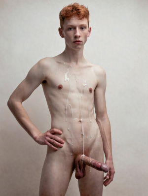 Young red-haired man, naked and standing in front of a plain light gray background, poses with a serious expression and a direct gaze at the camera, resting one hand on his hip while the other remains relaxed next to his thigh. His thin, pale body appears softly lit, with the torso, abdomen, and pelvis visible; several drops and streaks of white liquid run down his chest, belly, and pubic area. His semierect penis protrudes forward, partially covered by the same liquid, with the testicles visible. The composition has a studio portrait style, frontal, intimate, and explicit.