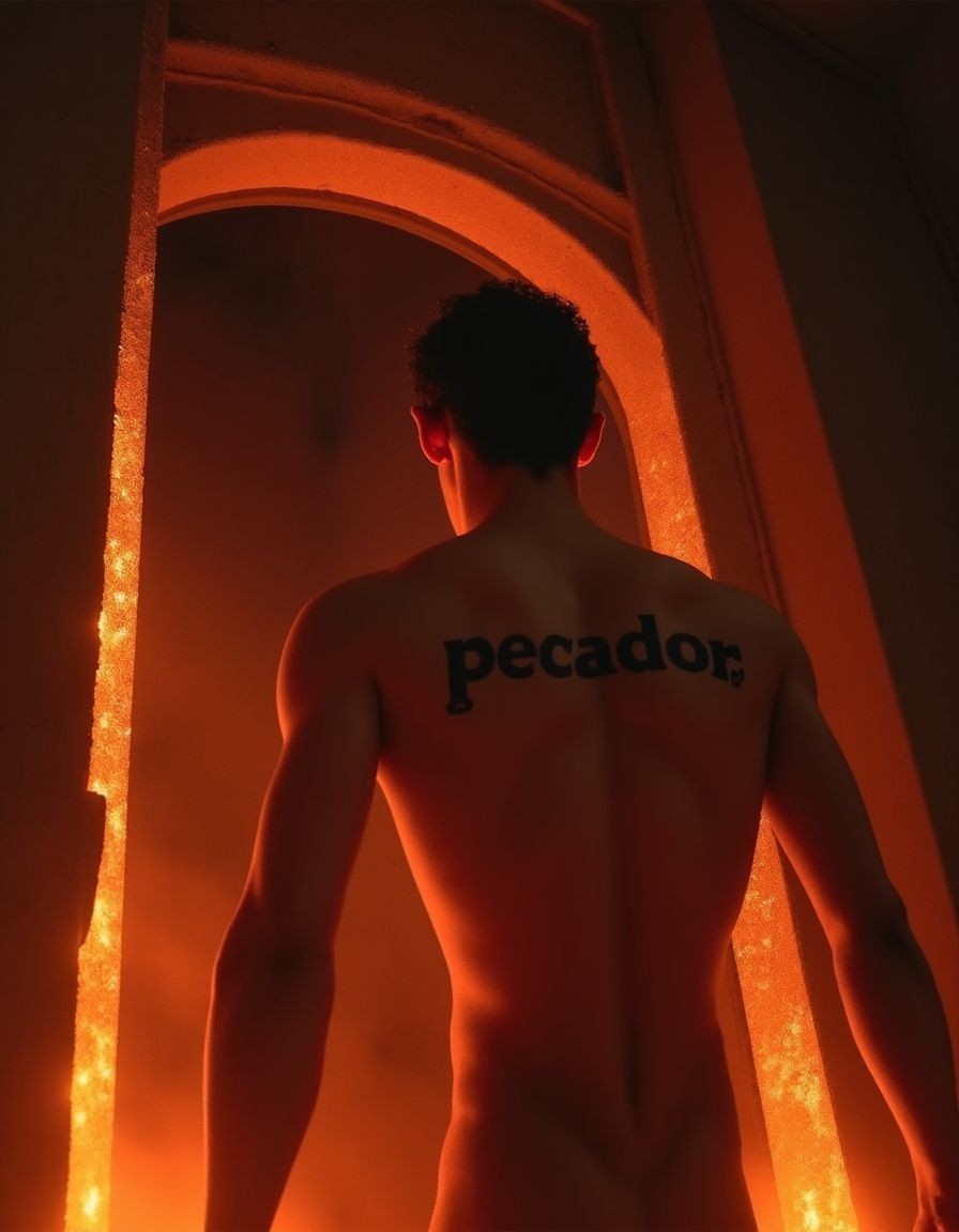 Un hombre desnudo se encuentra de pie frente a las puertas del infierno, está de espaldas, llevan grabada la palabra 