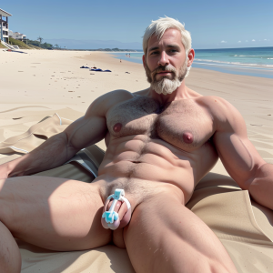 Hombre maduro musculoso con pelo y barba blanca muy corta en castidad, completamente desnudo ,tomando el sol en una playa nudista 