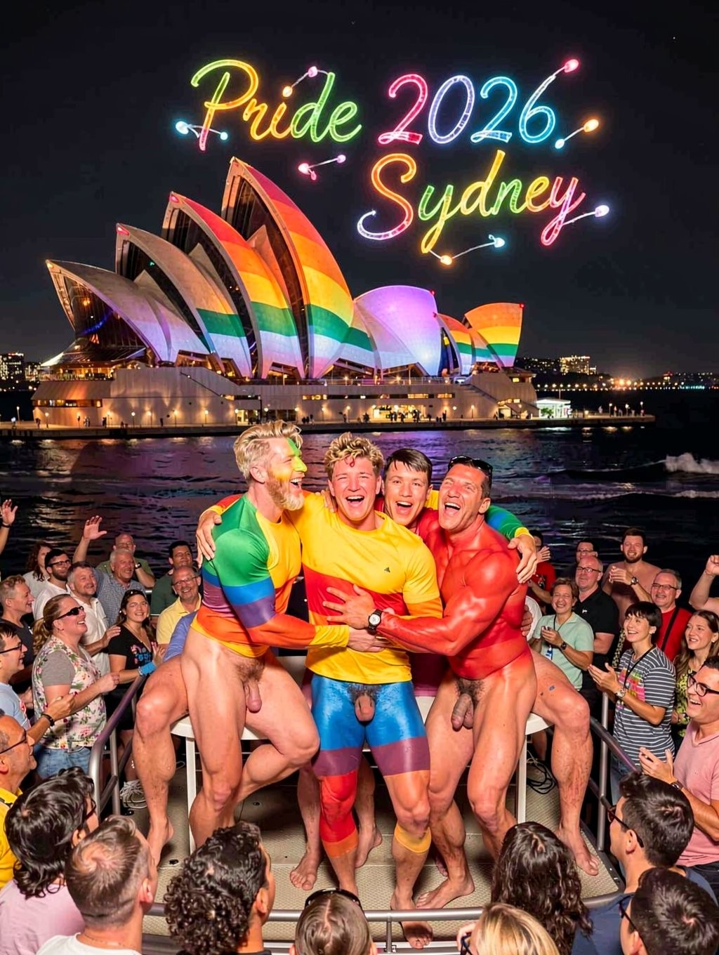 Tres hombres sonrientes y musculosos celebran el Pride 2026 en Sídney sobre una plataforma rodeada de una multitud festiva, con el Sydney Opera House al fondo iluminado con los colores del arcoíris. Los tres llevan pintura corporal brillante en tonos de la bandera LGTBIQ+: el hombre de la izquierda luce franjas multicolor y muestra el pene, el del centro aparece pintado de amarillo, azul y rojo con una mínima prenda azul, y el de la derecha está cubierto de rojo y naranja, también con el pene visible. Sobre la escena destaca un rótulo de neón que dice “Pride 2026 Sydney”, mientras el puerto nocturno, las luces, los móviles y el público animando refuerzan el ambiente de desfile, orgullo, diversidad y celebración.