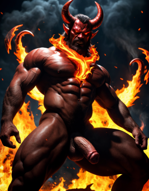 Diablo Satanás desnudos con pene grande y testículos grandes. Dobla el brazo derecho para enseñar los bíceps del brazo derecho con gran orgullo. Tiene mucho vello por todo el cuerpo. Está bronceado. Tiene alas de diablo negras y rojas oscuro. Los brazos están hacia arriba implorando rayos y fuego. Tiene un chorro de fuego en el pene que sale a chorros rojos hacia arriba de su pene erecto tieso hacia arriba. Sus ojos son grandes y rojos. Tiene testículos grandes y oscuros. Está rodeado de llamas y humo. Tienen cara de maldad y con barba. Está delgado. Está con los huevos gordos a la vista. Cuernos de diablo. Está acostado en horizontal sobre llamas de fuego en