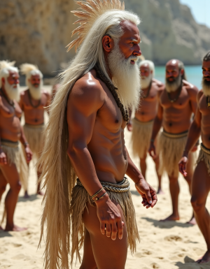 Mariano es un hombre de 50 años, tiene una larga cabellera, tiene barba blanca. Está totalmente desnudo pero lleva un penacho tocado de plumas warbonnet con muchas plumas que llega por la espalda hasta la cintura y el culo. Tiene un cuerpo muy delgado con músculos marcados y definidos. Está desnudo mostrando su pene perfecto. Tiene el pene erecto de 36 cm de longitud y 7 cm de diámetro. Tiene mucho vello corporal blanco por todo su pecho y por sus brazos y por sus piernas. 💪🏼. Es el Rey Gay de todos los hombres 💪🏼 Gay 🌈 totalmente desnudos 😊 y empalmados 😋 que están en el fondo, fondo de cinco hombres 👨🏼‍🦱👨🏼‍🦰👱🏽‍♂️👨🏽‍🦲🧔🏽con cabellos largos y salvajes, están sobre la arena del desierto Almeriense y están muy cerca de Mariano y tocan el culo de Mariano con sus manos, todos están enamorados de Mariano. Mariano tiene sandalias de piel tipo wrap (sandalias de tiras, romanas envolventes, las tiras están desde los laterales del empeine y se cruzan sobre el pie.) con tiras de cuero vacuno grueso y rígido y largas para sujetar el pie y subir por la pierna. Todos los hombres del fondo 👨🏼‍🦱👨🏼‍🦰👱🏽‍♂️👨🏽‍🦲🧔🏽llevan sandalias de piel tipo wrap (sandalias de tiras, romanas envolventes, las tiras están desde los laterales del empeine y se cruzan sobre el pie.) con tiras de cuero vacuno grueso y rígido largas para sujetar el pie y subir por la pierna. Está totalmente desnudo y tiene su pene a la vista. Está sobre la arena del desierto Almeriense entre barrancos maravillosos. Los penes de todos los personajes están erectos y excitados sexualmente. Todos los hombres se acercan a Mariano a tocar su culo y tocar con la mano su pene erecto. Los cinco hombres miran a Mariano con amor y deseo sexual, están junto a Mariano teniendo sexso anal