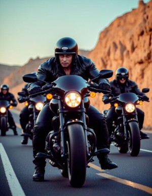 Primer plano realista fotográfico de cuatro motoristas montados en sus motos en la carrretera, los motoristas son musculosos y muestran sus trajes de cuero abultados por los músculos,  los motoristas muestran grandes paquetes bajo sus pantalones, Motos Triumph Rocket 3 Storm 