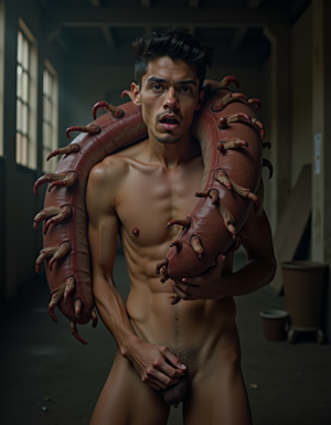 Un joven rubio de 24 años, extremadamente delgado, con una complexión atlética, se encuentra completamente desnudo y vulnerable. Su cuerpo, bien definido, muestra una musculatura tersa, con nalgas firmes y redondeadas. Un enorme pulpo, con tentáculos largos y gruesos, lo sujeta con fuerza, envolviendo su cuerpo con sus apéndices suaves y húmedos. Los tentáculos del pulpo se introducen profundamente en la boca y el ano del joven, quien parece incapaz de resistir o escapar de la firme sujeción del molusco. La escena se desarrolla en una jaula de cristal, situada en una fábrica abandonada, con paredes de ladrillo y ventanas rotas, lo que proporciona un fondo sombrío y decadente. La iluminación es tenue, con rayos de luz que se filtran a través de las ventanas, resaltando los detalles del cuerpo del joven y los tentáculos del pulpo. La imagen es hiperrealista, con detalles precisos y texturas realistas, mostrando la penetración de los tentáculos en los agujeros del joven, y la expresión de su rostro, que refleja una mezcla de dolor y sumisión. El estilo de la imagen es oscuro y perturbador, con un enfoque en la explotación y el dominio del pulpo sobre el joven.