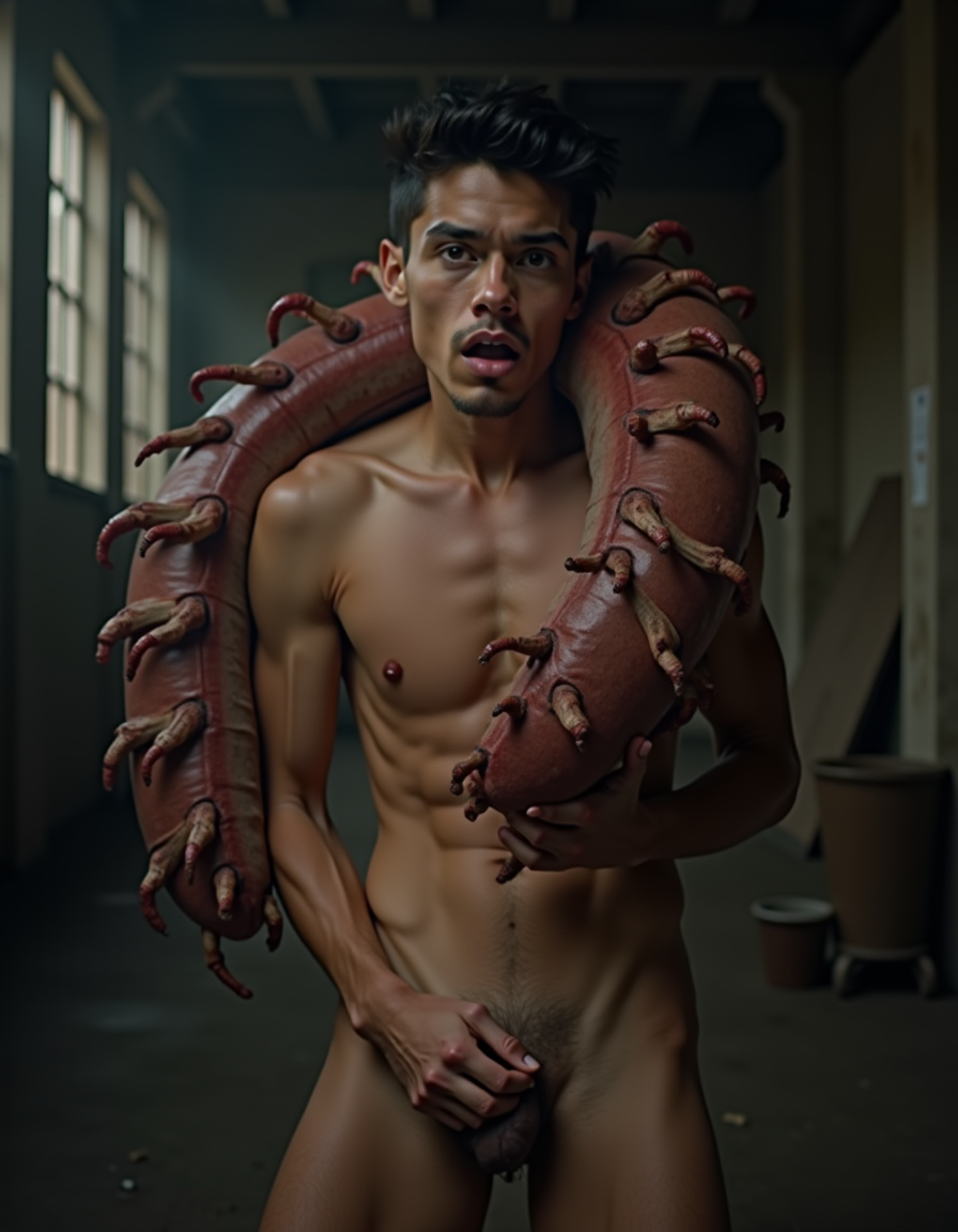 Un joven rubio de 24 años, extremadamente delgado, con una complexión atlética, se encuentra completamente desnudo y vulnerable. Su cuerpo, bien definido, muestra una musculatura tersa, con nalgas firmes y redondeadas. Un enorme pulpo, con tentáculos largos y gruesos, lo sujeta con fuerza, envolviendo su cuerpo con sus apéndices suaves y húmedos. Los tentáculos del pulpo se introducen profundamente en la boca y el ano del joven, quien parece incapaz de resistir o escapar de la firme sujeción del molusco. La escena se desarrolla en una jaula de cristal, situada en una fábrica abandonada, con paredes de ladrillo y ventanas rotas, lo que proporciona un fondo sombrío y decadente. La iluminación es tenue, con rayos de luz que se filtran a través de las ventanas, resaltando los detalles del cuerpo del joven y los tentáculos del pulpo. La imagen es hiperrealista, con detalles precisos y texturas realistas, mostrando la penetración de los tentáculos en los agujeros del joven, y la expresión de su rostro, que refleja una mezcla de dolor y sumisión. El estilo de la imagen es oscuro y perturbador, con un enfoque en la explotación y el dominio del pulpo sobre el joven.