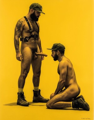 Dibujo realista. Amo barbudo tatuado e hiper masculino, muy musculoso pero muy delgado, con arnés. Tiene un gran pene eyaculando. Lleva gorra militar y unos anillos en los pezones, Un esclavo de rodillas. Respeta la forma y la proporción del cuerpo y se fiel a la forma real sin distorsiones. Fondo amarillo oscuro con los reflejos de las sombras de los cuerpos del amo y el esclavo.
