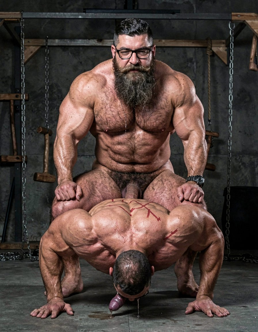 Hyperrealistic cinematic full-body photograph inside the dark brutal dungeon gym, dramatic low side lighting with hard shadows and sweat glistening on skin. Both men are completely naked.

Hipsterbarba stands dominant and powerful on the right, 40 years old, 180cm, 80kg, 8% body fat, thick muscle bear physique covered in dense dark body hair on your heavy pecs, shoulders, abs and thighs. Long thick Bandholz beard reaching almost to your chest, curled handlebar mustache, black glasses, serious and satisfied expression as you look down. Your thick cock is buried deep inside Anil, only the base visible between his spread glutes.

Anil is on all fours like an animal directly in front of you, 25 years old, extreme bodybuilder slave, 175cm, 80kg, 6% body fat, completely smooth tanned skin from the neck down. Massive 127cm chest hanging low, carved eight-pack tight and contracted, insanely wide V-taper back with fresh red whip marks across the lats and traps. His round 90cm glutes are pushed high and spread wide open, your thick cock fully sunk to the balls inside his stretched pink asshole. The tight metal cock ring squeezes the base of his swollen purple cock, which hangs down dripping a thick string of precum onto the concrete floor. His forehead is pressed against the cold floor, back deeply arched, body trembling from the deep penetration.

The concrete floor, hanging chains, wooden stocks and BDSM equipment are visible in the dark background. Extreme photorealistic detail, visible stretch of his hole around your cock, sweat, red lash marks, precum dripping, intense atmosphere of total ownership and raw pleasure.