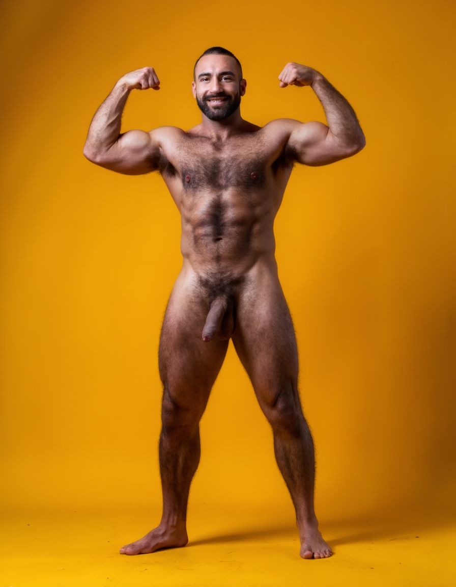 hombre culturista de 35 años posando desnudo de cuerpo completo, sonriente, tensa los bíceps, tiene un pene de 40 cm de longitud y 7 cm de diámetro, grandes dorsales, piernas, cintura estrecha, un poco calvo, grandes pezones rosas. Tiene un pene de 40 cm de longitud y 7 cm de diámetro. Tiene mucho vello en pecho y brazos y piernas. Tiene testículos de 10 kg de peso y están colgando. Tiene pies con sus uñas rojas. Fondo amarillo oscuro.