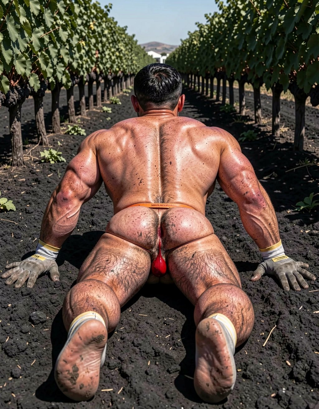 In the brutal direct midday Mediterranean sun of a Santorini vineyard on black volcanic soil between rows of Assyrtiko vines, a hyper-realistic full-body vertical photograph captures 32-year-old Greek Dimitris lying completely flat and prone, face-down on the hot dark earth exactly as ordered. The view is strictly from behind, showing the powerful back of his head with short jet-black hair and faded sides, his thick neck, and the entire massive muscular back covered in dense matted black body hair glistening with sweat and dusted with volcanic soil. His enormously wide lats and traps are spread and slightly compressed against the ground, veiny arms stretched forward with dirty grey work gloves featuring yellow and white stripes digging into the earth. The thick, round, extremely hairy glutes are facing upward toward the viewer, slightly parted by the prone position to clearly reveal his freshly fucked asshole still red, gaping and wet with fluids and saliva. His powerfully developed hairy legs are stretched straight and tense, large bare feet filthy and partially buried in the black volcanic soil at the bottom of the frame. Every muscle striation, vein and curve of his competition-level 5% body fat physique is accentuated by the harsh overhead sunlight creating strong specular highlights on the wet black body hair and deep anatomical shadows across his back, shoulders, ass and legs. Sweat and dirt cling to his entire body. Perfect unflawed anatomy and proportions, completely uncropped vertical full-body shot from the dirty feet at the bottom all the way to the back of his head at the top, razor-sharp photorealistic detail, dramatic cinematic lighting, raw masculine post-sex atmosphere on the vineyard floor.