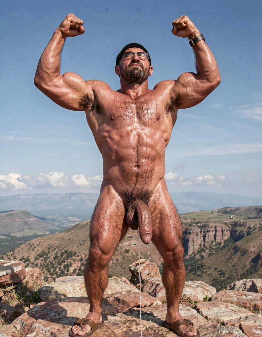 A hyper-masculine ancient Zapotec warrior named Cocijo, 26 years old, standing perfectly still under the brutal midday sun on the rocky summit of Cerro La Cantera in San Pablo Huitzo, Oaxaca, 600 AD. Completely naked except for worn leather strip sandals. Square jaw clenched, thick veiny neck, bronze skin drenched in sweat. Extremely powerful and fully flexed physique: massive square pectorals tensed to the maximum, thick dark wet chest hair matted against the hard muscle, large erect nipples. Deeply carved eight-pack abs glistening with sweat, thick black treasure trail running down to a dense dark pubic bush. Enormous arms raised and flexed hard overhead, biceps bulging like cannonballs with thick veins, triceps perfectly defined and tensed like horseshoes. Thick hairy thighs locked in full tension. His massive 35cm cock is rock-hard and throbbing violently, held tightly at the very base by Gayon Von Neumann’s strong hand, the swollen head continuously leaking thick white precum that runs down the shaft and over the fingers. A thick black leather cock ring is locked brutally tight at the root, behind his heavy balls, making the entire package look painfully swollen, darker and pulsing non-stop. Cocijo stares straight up with total obedience, every muscle in his body still tensed and displayed for inspection. Raw, dominant, extremely virile ancient masculine atmosphere, dramatic sunlight casting strong shadows on every ridge of muscle, hyper-realistic and extremely detailed.