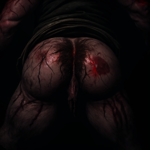 Un enorme culo peludo, fuertemente golpeado, con moretones y marcas rojas, en un entorno oscuro y sombrío, con una iluminación tenue y dramática, destacando la textura peluda y la intensidad del maltrato, con un enfoque en la zona afectada.