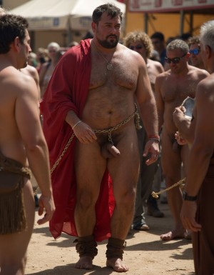 Imperio romano. Año 135 d.n.e. Un esclavo musculoso bárbaro cautivo es vendido como esclavo sexual en un mercado callejero, el esclavo está encadenado de pies y manos, muestra su enorme pene erecto bajo sus vestiduras, muestra aspecto cansado y sucio, algunos patricios ((((todos hombres))) (((se interesan por la pieza y pujan a gritos para conseguirla)))