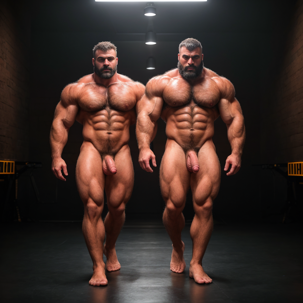 Dos hombres machos musculosos desnudos muy viriles con pene grande y testículos grandes y peludos. Caminando 10 👠👡