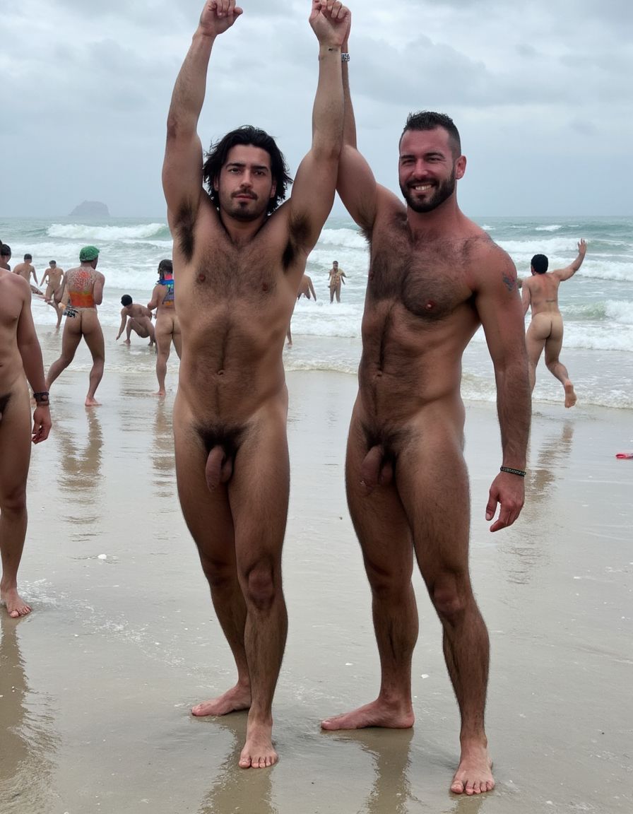 Solo hombres desnudos musculosos. Tienen un pene erecto de 50 cm de longitud y 8 cm de diámetro. Antonio tiene un pene erecto excitado de 50 cm de longitud y 8 cm de diámetro, también tiene el pelo largo movido por el viento. Juan tiene músculos muy definidos y tiene mucho vello corporal y es muy peludo, tiene un aro alrededor de la base de su pene y de los testículos. Tienen sandalias en sus pies. Flexionan sus brazos hacia arriba para enseñar sus músculos bíceps. Fondo de una playa con mar de olas grandes y embravecidas. Fondo de muchos hombres desnudos saltando.