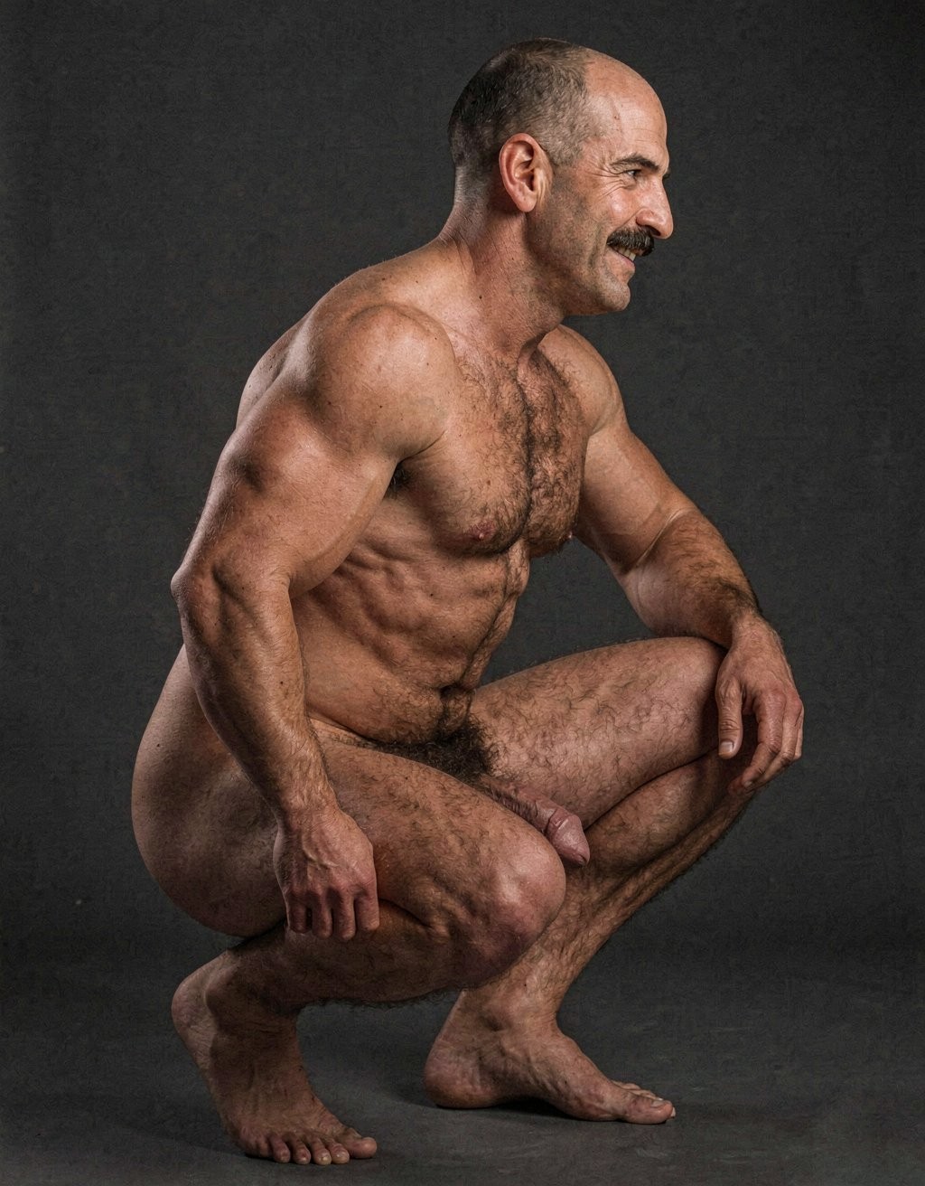 Mike Morris, a 32-year-old extremely lean Caucasian male with only 8% body fat, stands completely naked in a rigid military attention pose captured in a full-body exact side profile at 90 degrees from his right side. The shot runs uninterrupted from the tips of his size 44 slightly hairy feet all the way up to the top of his bald head, showing his entire body without any cropping whatsoever. His physique is dry, highly vascular and powerfully defined: massive square pectorals seen in perfect side silhouette, dense dark brown chest hair forming a thick T-pattern that continues across his shoulders and back, sharply carved six-pack abs in clear profile, narrow waist, wide flaring lats, powerful thighs and diamond-shaped calves covered in the same dark hair. Dramatic directional studio lighting falls from high and slightly in front of him, creating strong rim lighting that traces every sharp edge of his muscular outline, accentuating the texture of his dense dark body hair on chest, shoulders, lower back, ass and legs, while producing deep shadows that highlight every muscle separation, vein and the extreme dryness of his 8% body fat. His advanced Norwood III-IV bald scalp is clearly visible under the light, with very short dense dark brown hair only on the sides and back of his head. His square, angular face is shown in pure right profile: strong jawline, prominent chin with slight central dimple, thick well-groomed dark handlebar mustache, heavy brow and intense deep-set brown eye staring straight forward with a serious, commanding expression. His penis is fully and clearly visible in perfect side view, completely natural and anatomically correct: thick, 24 cm long when fully erect, with a natural slight upward curve, prominent dorsal veins running along the shaft, long foreskin that partially covers the pink-red glans, and noticeably lighter skin tone than the rest of his bronzed body. Below it hang his large, low-hanging testicles with wrinkled darker skin and an extremely dense, curly dark brown pubic bush that climbs almost to his navel and surrounds the base of his cock and balls generously. Every detail from his veined hands and forearms to his muscular ass, hamstrings, diamond calves and hairy toes is perfectly proportioned and free of any deformation. Photorealistic, high-contrast, masculine 1970s Colt Studio aesthetic with subtle grainy film texture. . Está muy agachado. Mike Morris sonríe...