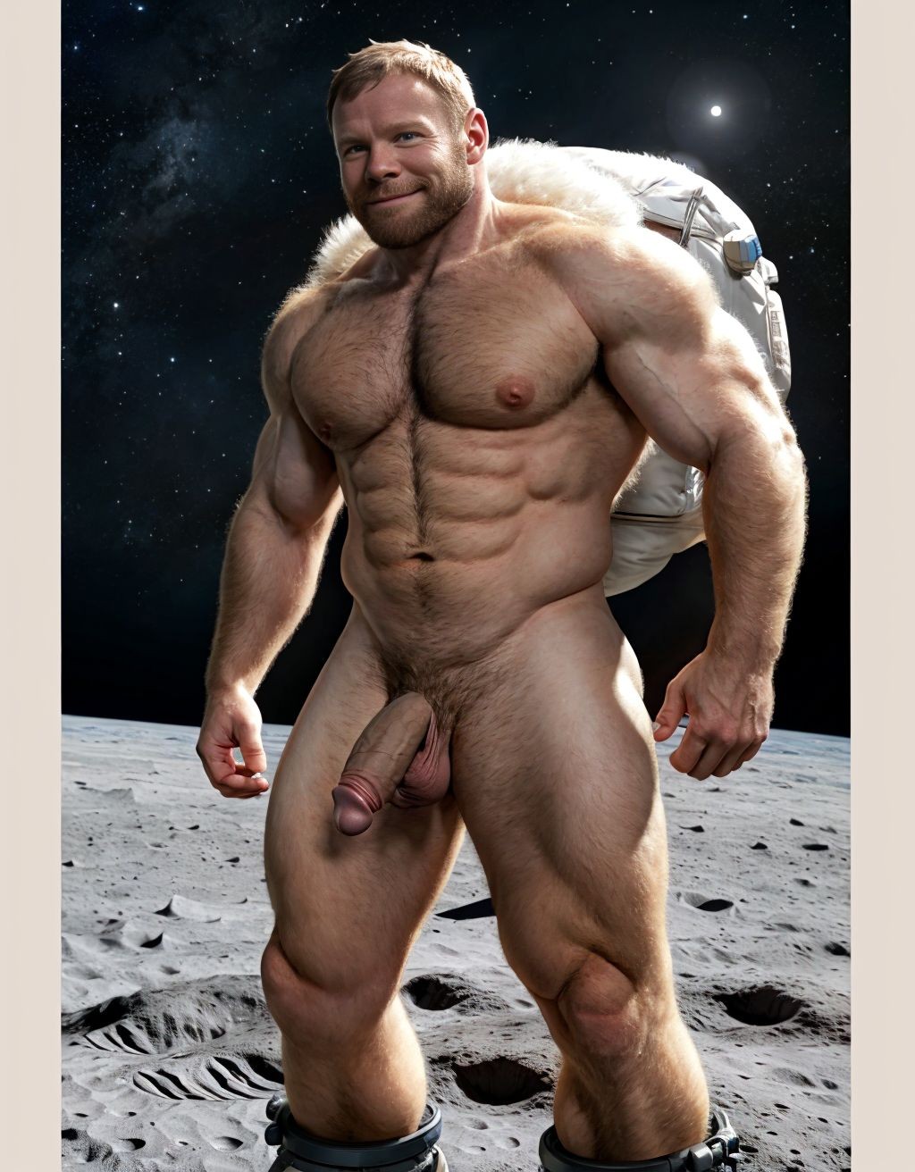 Neil Armstrong desnudo totalmente desnudo. Tiene el pecho con vello y brazos con vello. Está totalmente desnudo de pie y pisando el suelo Lunar. Está musculoso. Tiene pene grande erecto. Tiene testículos grandes. Tiene mucho vello y pelo. Foto muy realista texturas 8k. 