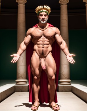 El dios Priapo de Pompeya está desnudo de pie. Es delgado y muy alto. Está en el museo de Nápoles. Tiene un pene grande y erecto. Tiene mucho vello por todo el cuerpo. Tiene sandalias en los pies. Tiene músculos muy definidos. Tiene una corona de laurel. Levanta una mano para saludar al público. El cuerpo está iluminado con focos de luz blanca. Tiene los ojos verdes. Tiene una cadena brillante en los pies. Tiene mucho vello en el pecho. Tiene una capa de oro sobre su espalda. Tiene boca abierta. Tiene sandalias en los pies. Está de perfil. Está de lado. Tiene las uñas de los pies pintadas de verde.