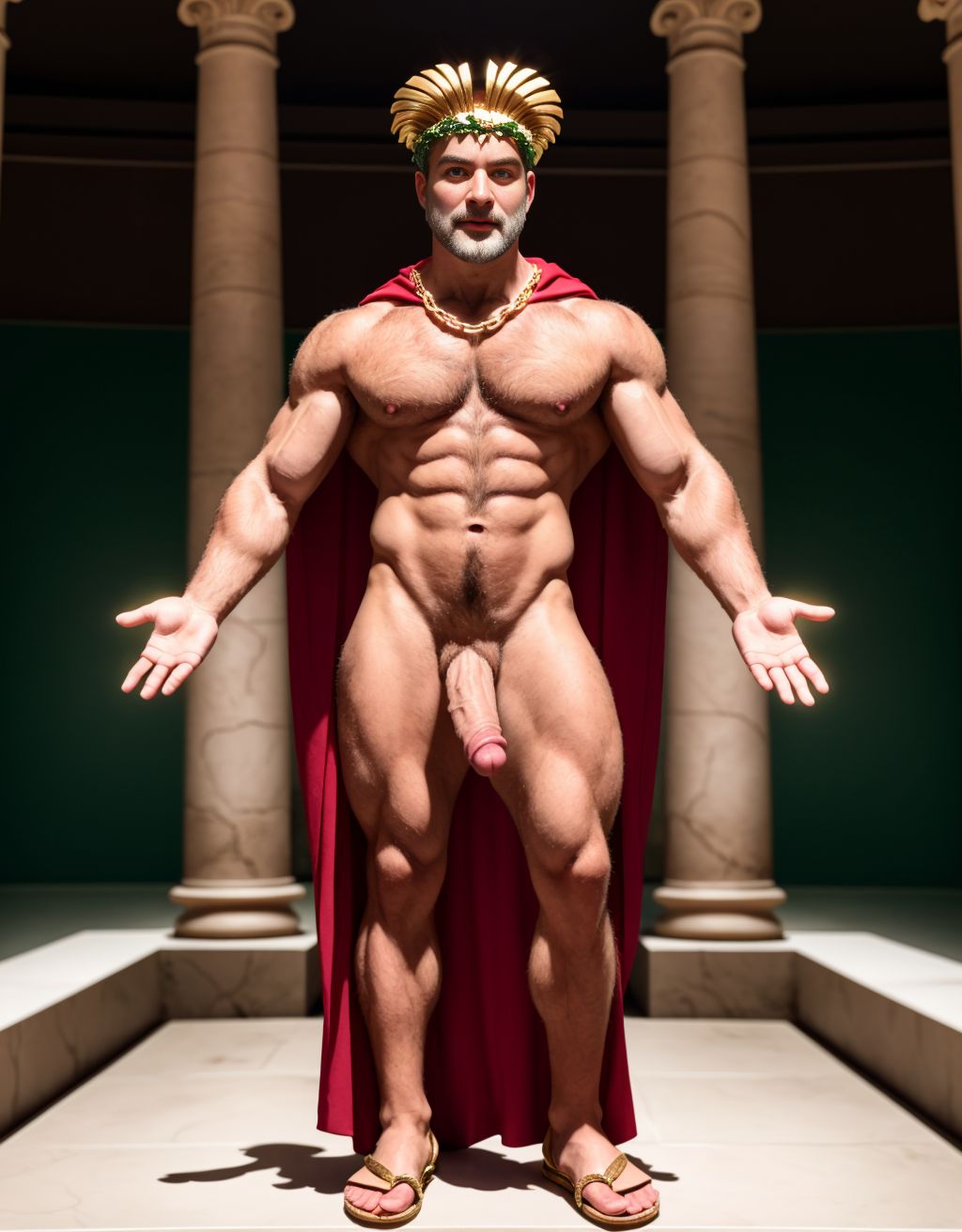 El dios Priapo de Pompeya está desnudo de pie. Es delgado y muy alto. Está en el museo de Nápoles. Tiene un pene grande y erecto. Tiene mucho vello por todo el cuerpo. Tiene sandalias en los pies. Tiene músculos muy definidos. Tiene una corona de laurel. Levanta una mano para saludar al público. El cuerpo está iluminado con focos de luz blanca. Tiene los ojos verdes. Tiene una cadena brillante en los pies. Tiene mucho vello en el pecho. Tiene una capa de oro sobre su espalda. Tiene boca abierta. Tiene sandalias en los pies. Está de perfil. Está de lado. Tiene las uñas de los pies pintadas de verde.