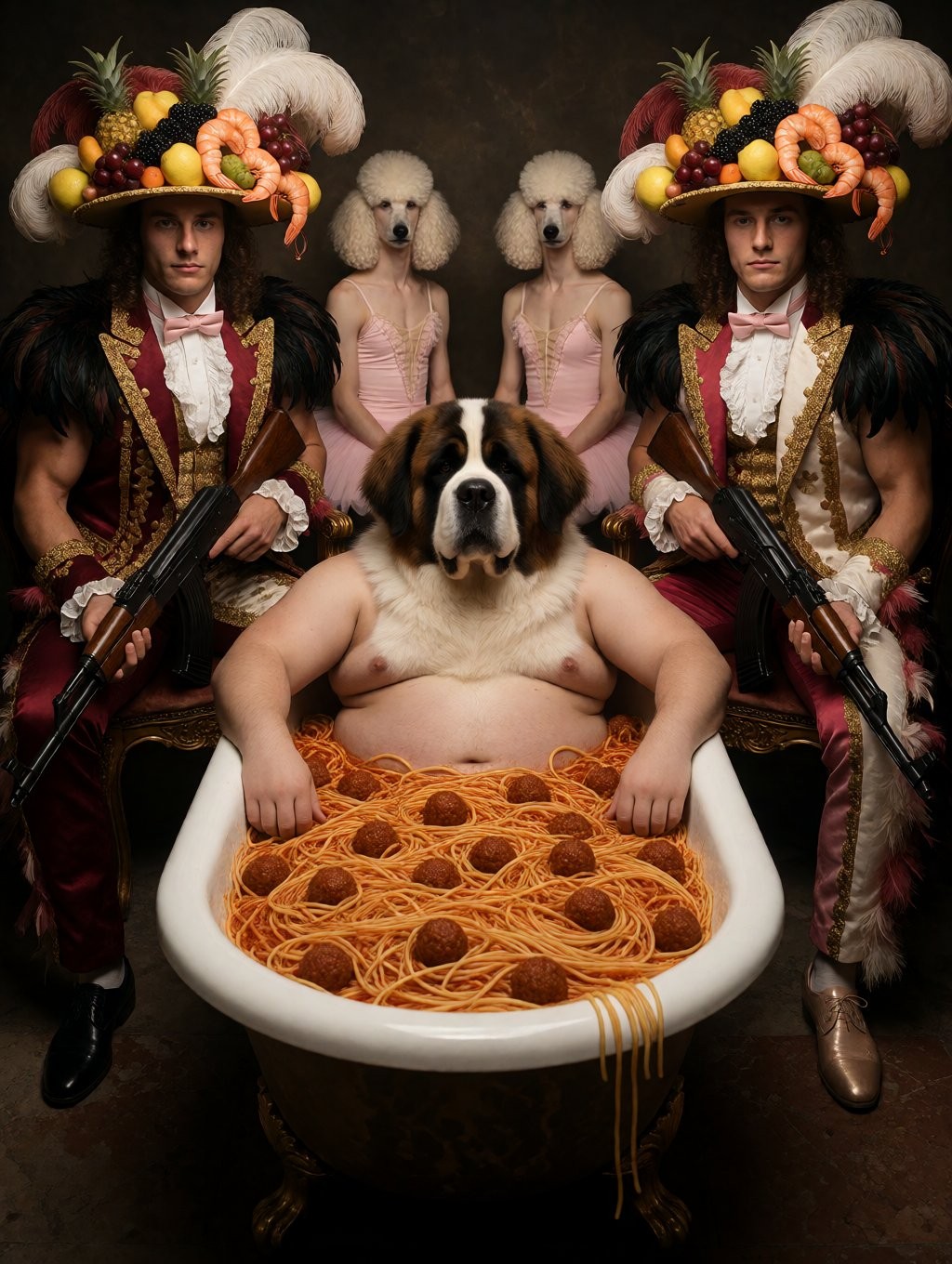 Una escena surrealista y barroca presenta a una figura central con cuerpo humano desnudo de torso y cabeza de perro San Bernardo, sentada dentro de una bañera antigua llena de espaguetis con albóndigas, con algunos fideos colgando por el borde. A ambos lados aparecen dos hombres vestidos con trajes teatrales de lujo, chaquetas granates con bordados dorados, plumas negras en los hombros, lazos rosados y enormes tocados cargados de frutas, gambas, piñas y plumas blancas, sosteniendo escopetas de forma simétrica. Al fondo, dos caniches blancos con cuerpos estilizados y vestidos rosas refuerzan la composición extravagante, con iluminación oscura de estudio, estética de retrato clásico, humor absurdo, fantasía culinaria y aire decadente.