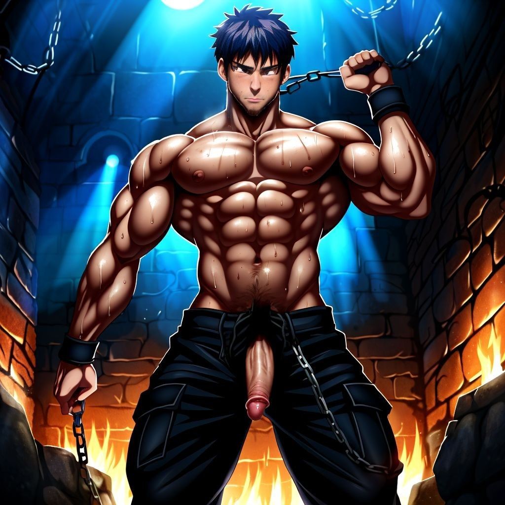 visible penisUn hombre robusto, encadenado en una mazmorrera oscura y húmeda, con el pene visible. Su piel brilla con el sudor de la tensión, y sus músculos están tensos mientras lucha contra las cadenas que lo atan. Las paredes de piedra son frías, y la tenue luz de una antorcha proyecta sombras inquietantes sobre su cuerpo. La atmósfera es densa, llena de deseo y vulnerabilidad, creando un contraste entre su fuerza física y su situación de cautiverio.

