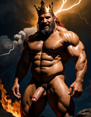 Cneo Pompeyo Magno desnudo con pene grande y testículos grandes peludos. Dobla el brazo derecho para enseñar los bíceps del brazo derecho con gran orgullo. Tiene mucho vello por todo el cuerpo. Está bronceado. Tiene corona de oro. Tiene alas de diablo negras y rojas oscuro. Los brazos están hacia arriba implorando rayos y fuego. Tiene un chorro de fuego en el pene que sale a chorros rojos hacia arriba de su pene erecto tieso hacia arriba. Sus ojos son grandes y rojos. Está enseñando sus grandes testículos. Tiene testículos grandes y oscuros. Está alumbrado con mucha luz roja por todo el cuerpo. Es muy atractivo. Está rodeado de llamas y humo. Tienen cara de maldad y con barba. Se ven los pies. ¿Donde están sus pies? quiero ver los pies