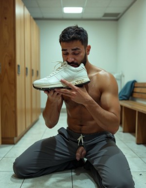 Un hombre árabe de 19 años, musculoso, arrodillado en el suelo de un vestuario, sosteniendo una zapatilla deportiva blanca y sucia cerca de su boca con expresión de desesperación y confusión, ojos cerrados con lágrimas, torso desnudo mostrando músculos definidos, pantalones bajados, una mano en su entrepierna, ambiente de vestuario con azulejos blancos y bancos de madera, iluminación fluorescente, estilo fotorrealista, alta calidad, 4K.