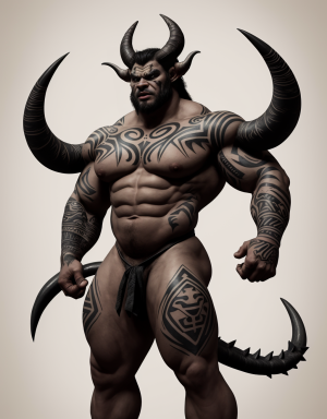 Demonio musculado con cuernos grandes y afilados, tatuajes tribales con líneas negras anchas, cola larga y gruesa, cuerpo 
