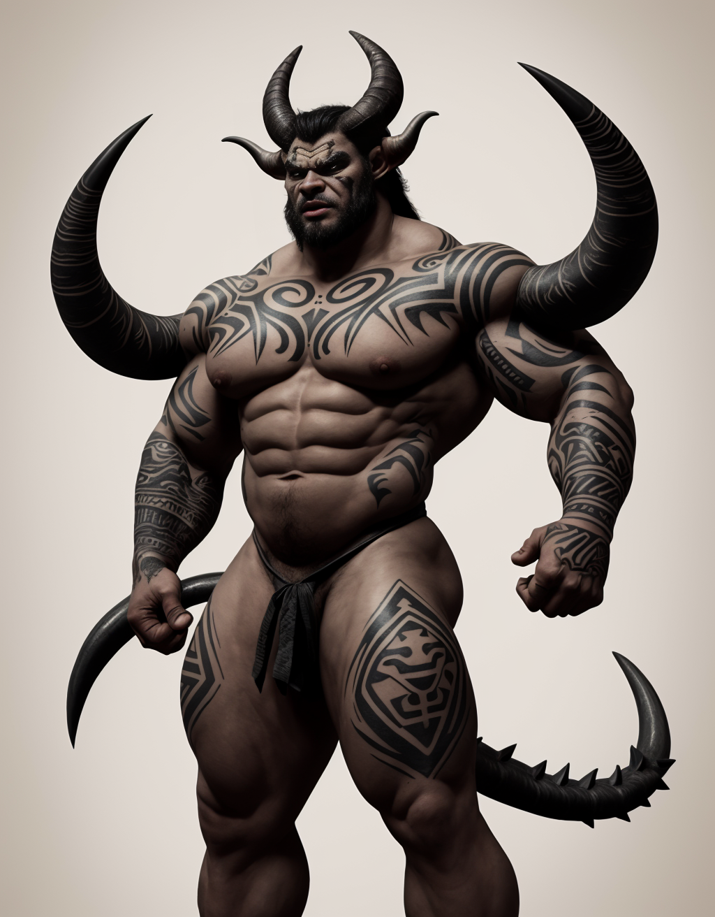 Demonio musculado con cuernos grandes y afilados, tatuajes tribales con líneas negras anchas, cola larga y gruesa, cuerpo 