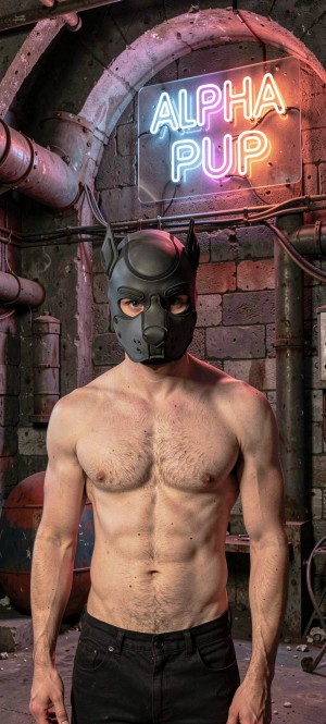 Un hombre musculoso y sin camiseta posa de frente en un entorno industrial oscuro, con paredes de ladrillo envejecido, tuberías metálicas, cables y una atmósfera de sótano o mazmorra urbana. Lleva una máscara negra de estilo pup play o perro, con orejas marcadas, hocico y aberturas para los ojos, creando una estética fetichista y dominante. Sobre él brilla un letrero de neón rosa y azul con el texto “ALPHA PUP”, que ilumina la escena con un contraste llamativo y refuerza el ambiente de club underground, cuero, BDSM y fantasía de rol canino. Su torso definido, el pantalón negro y la postura firme transmiten seguridad, fuerza y actitud provocadora.