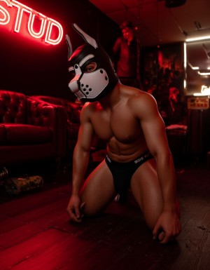 A muscular shirtless male wearing a black and white puppy mask with dog ears, kneeling on all fours in a submissive position on a dark wooden floor. Athletic build with defined abs and chest. Hands planted on the ground. Red leather furniture visible in background. Neon sign reading 