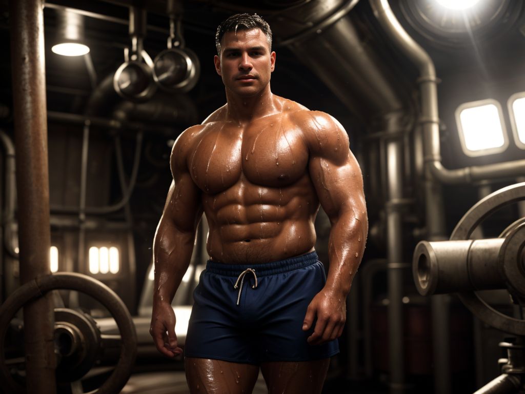 Hombre marinero semi desnudo, torso musculoso, shorts ajustados y mojados, sudoroso, en la sala de máquinas de un barco, luces industriales, maquinaria pesada, atmósfera calurosa y húmeda, piel bronceada, detalles realistas.