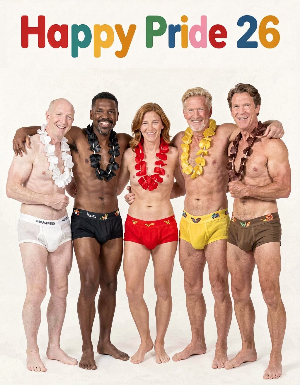 Five smiling people pose barefoot against a white background, embracing in a festive attitude under the multicolored text “Happy Pride 26”. They all wear lei-style flower necklaces and men’s underwear in different colors: white, black, red, yellow, and brown, with small decorative details at the waist. The scene conveys Pride celebration, diversity, and joy, with bodies of different ages, skin tones, and builds, all bare-chested and in a close, relaxed pose. The clean, bright, advertising-style composition reinforces an inclusive, colorful, and positive atmosphere associated with Pride.