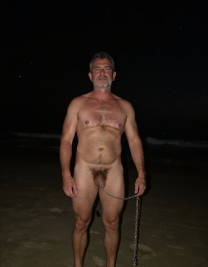 Una playa solitaria, en la noche, con un cielo estrellado,  un hombre de 60 años, pelo corto grisáceo, cara seria, atractiva, mirada profunda, segura, sonrisa pícara,  barba corta grisácea, de pie, desnudo, brazos fuertes, torso velludo de color gris, pectorales marcados con una buena capa de vello gris, barriga redonda dura adornada de vello gris, pubis depiladas, polla de 25 cm morcillona colgando entre sus piernas, muslos fuertes , y cadena colgando de una mano, se le ve el cuerpo entero perfectamente 