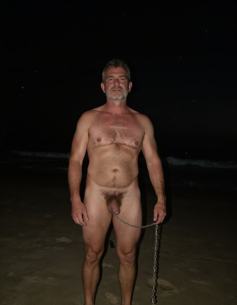 Una playa solitaria, en la noche, con un cielo estrellado,  un hombre de 60 años, pelo corto grisáceo, cara seria, atractiva, mirada profunda, segura, sonrisa pícara,  barba corta grisácea, de pie, desnudo, brazos fuertes, torso velludo de color gris, pectorales marcados con una buena capa de vello gris, barriga redonda dura adornada de vello gris, pubis depiladas, polla de 25 cm morcillona colgando entre sus piernas, muslos fuertes , y cadena colgando de una mano, se le ve el cuerpo entero perfectamente 