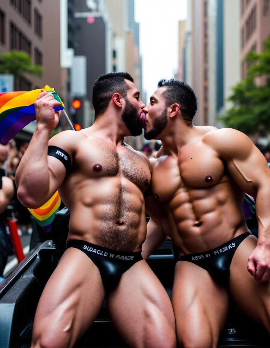 Dos hombres musculosos con barba se besan apasionadamente en mitad de una calle urbana durante una celebración del Orgullo, vestidos únicamente con ropa interior negra ajustada que resalta sus torsos definidos, abdominales marcados y piernas fuertes. Uno de ellos sostiene una bandera arcoíris ondeando sobre el hombro, mientras ambos posan sobre un vehículo descapotable rodeados de gente y edificios altos desenfocados al fondo. La escena transmite energía festiva, deseo y visibilidad queer, con un ambiente de desfile, orgullo LGBT, cuerpos atléticos, intimidad pública y celebración en la ciudad.