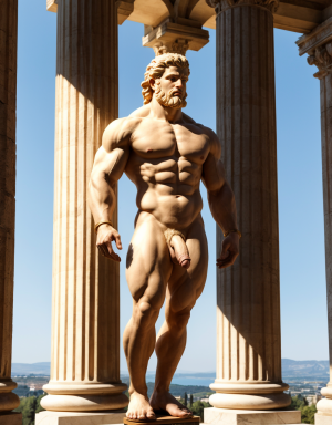 Júpiter es el principal dios romano. Está desnudo. Tiene pene grande. Tiene sandalias blancas.