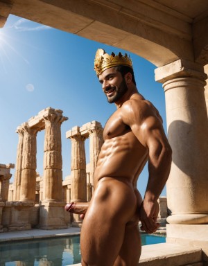Hombre griego desnudo, sonriente, corona de oro y diamantes, pene grande eyaculando, testículos peludos, inclinado, enseñando ano y los testículos, mirando hacia atrás, entre casas antiguas con columnas y estatuas, sol de tarde, piel bronceada, músculos definidos, ojos brillantes, sensual y apasionado. Tiene testículos gordos.