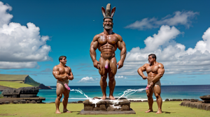 Rito rapanui de viridad, ante el gran jefe, que posa desnudo y musculoso como un ídolo, dos de los mejores guerrerros, desnudos, derraman su semen a los pies del jefe, en señal de sometimiento y de fertilización de la tierra. 