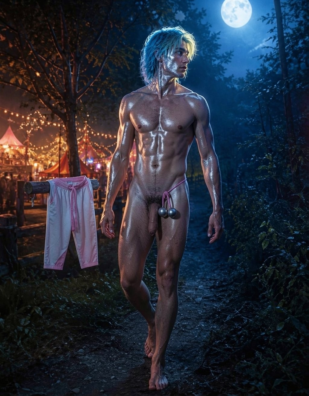 A muscular man walks barefoot along a dark forest path under the light of the full moon, his body glistening as if wet and his messy light-blue hair falling over his face. He wears only a tiny pink string thong that leaves almost his entire body bare, with small spherical metallic ornaments covering his penis, while he looks in profile with a serious expression. On one side of the path, a pair of light-colored pants hangs from a wooden sign, and in the background there is the atmosphere of a nighttime festival with illuminated tents, garlands of warm lights, trees, dense vegetation, and a sensual, mysterious fantasy atmosphere.